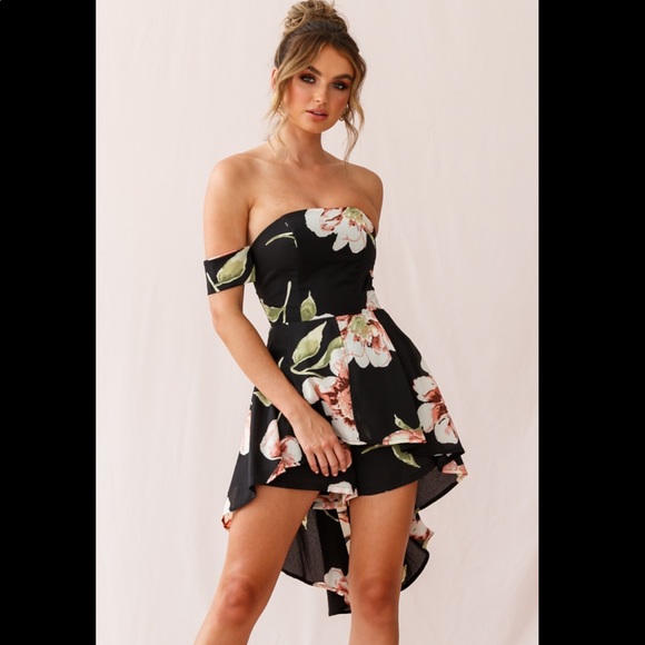 Jessa Off The Shoulder HighLow Floral Romper Black - Picture 2 of 8